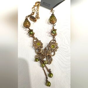 NWT Pilgrim Danish Design Green Gemstones Bronze Bracelet With Bow Charm
